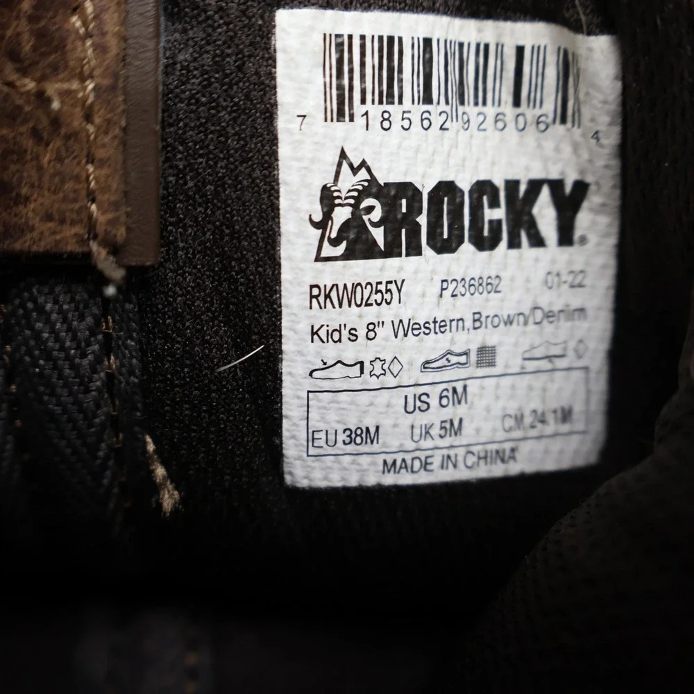 Rocky Youth 6M Western Boots Brown Denim Country Ranch Square Toe RKW0255Y
